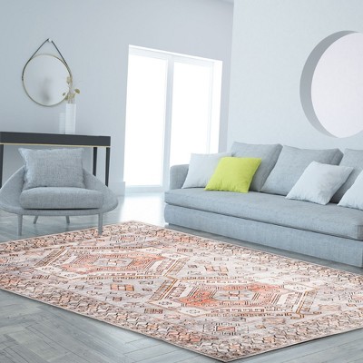 Light Gray Tribal Motif Washable Area Rug