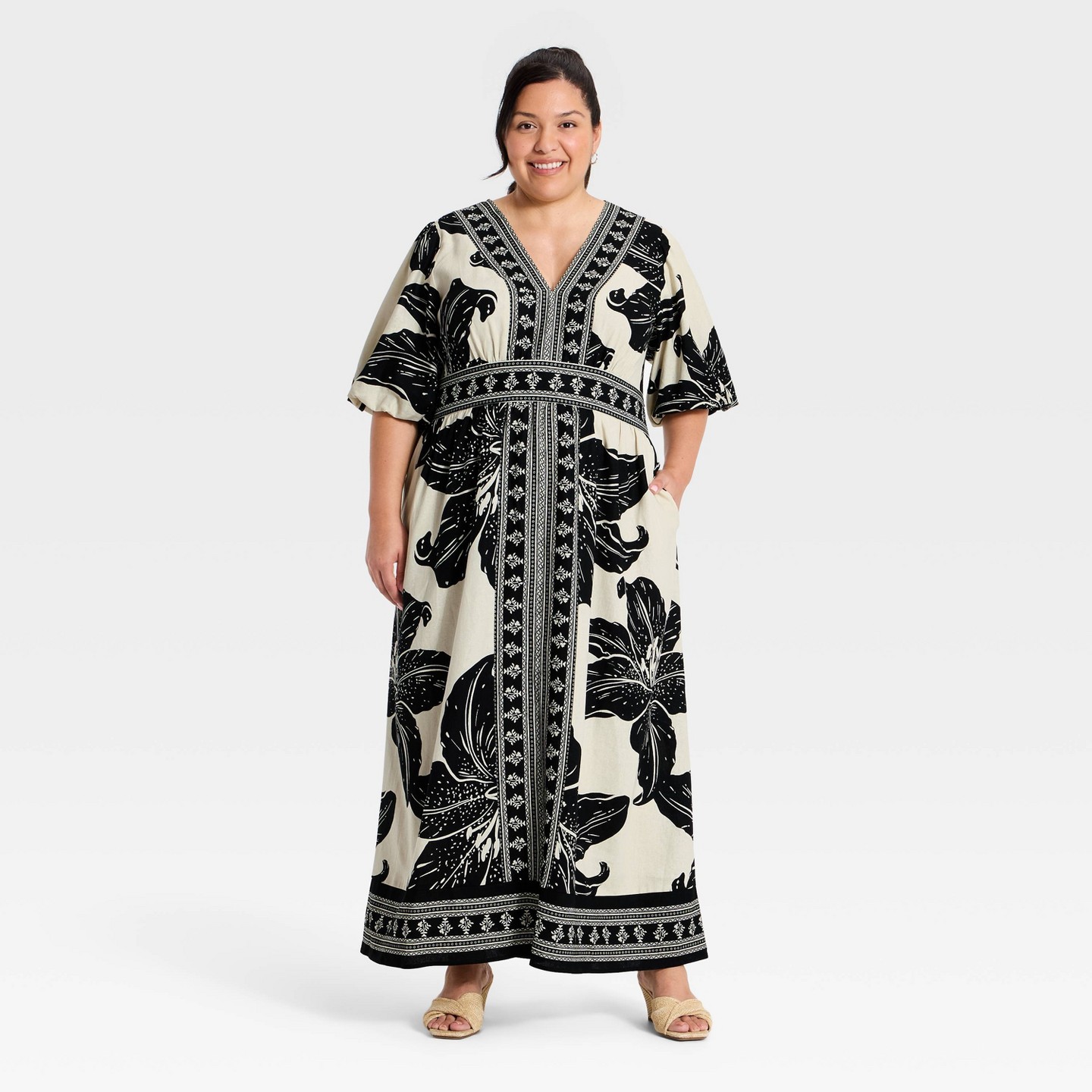 Женские платья Ava & Viv Plus Puff Short Sleeve Maxi Summer Dress - Ava & Viv™ Black Floral 3X — фото 1