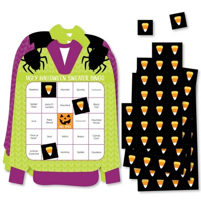 Big Dot of Happiness Halloween Ugly Sweater - Bar Bingo Cards and Markers - Halloween Party Shaped Bingo Game - Set of 18