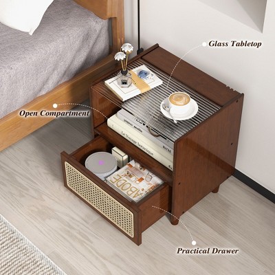 Brown Bamboo Rattan Nightstand with Drawer and Glass Top