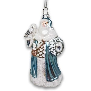 Arctic Whispers Santa Glass Christmas Ornament, Snowy Winter Theme with Light Blue Robe| OrnamentallyYou - 1 of 4