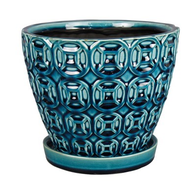 Southern Patio 12 Inch Ceramic Clay Mayer Flower Planter & Saucer Tray, Seafoam