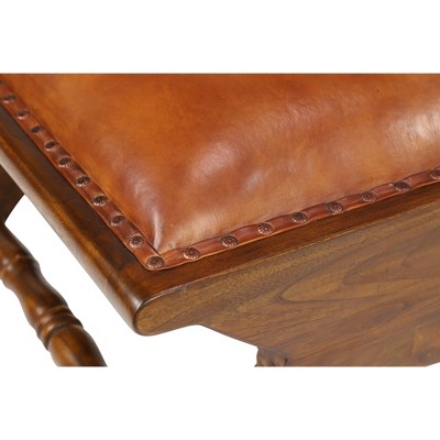 Handcrafted Brown Leather and Teak Wood Accent Chair with Ottoman