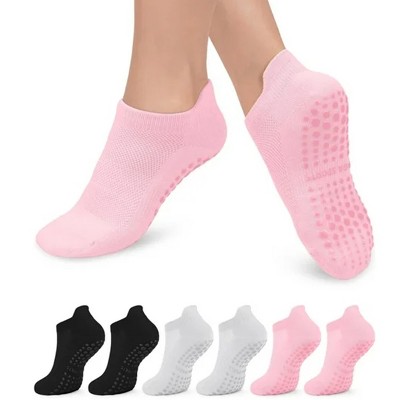 Boersma 6 Pairs Women's Grip Pilates Socks – Soft Thin Cotton Non-Slip Ankle Crew Socks for Barre, Ballet, Workout, or Daily Wear