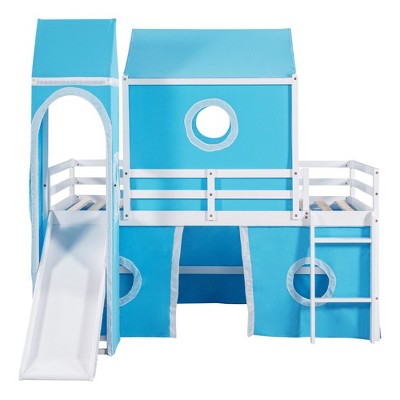 Loft Bed with Slide & Curtains &Tower, Castle Low Loft Bed Frame with Tent,  roof, Windows and Fence Shaped Guardrails  full blue