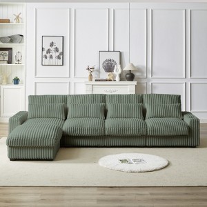 TiramisuBest 126" L-Shaped Corduroy Sofa w/ Cup Holder, Movable Footrest, 4 Waist & Back Pillows, USB & Type-C Ports,Army Green - 1 of 4