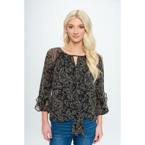 WEST K Women's Gia Tie Front Ruffle Blouse - Xsmall - Black Tan Floral