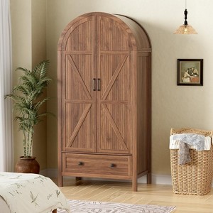 PAKASEPT 70.9‘’ Arched Wooden Armoire Wardrobe Closet with Drawers and Fluted Doors, with Light & Shelves and Hanging Rod, Brown - 1 of 4