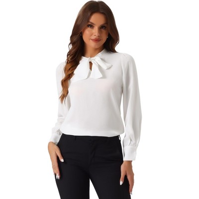 INSPIRE CHIC Women's Bow Tie Neck Elegant Long Sleeve Solid Work Office Blouse