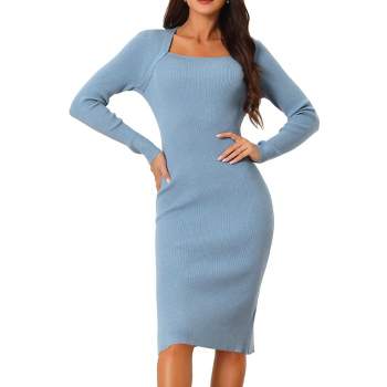 Seta T Women's Square Neck Long Sleeve Slim Fit Ribbed Knit Bodycon Midi Sweater Dress