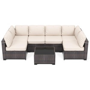 7-Piece Outdoor Patio Furniture Set - All-Weather PE Wicker Sectional Sofa with Cushions and Glass Coffee Table, Modular 6-Seater Living Room Set - 1 of 4