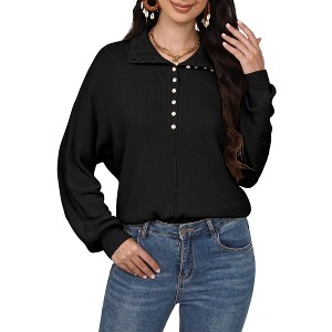Womens Pullover Sweater Knit with Vintage Pearl Button Tops Polo Neck Ribbed Cuff Long Sleeve Vintage Casual Business Outfits - 1 of 4