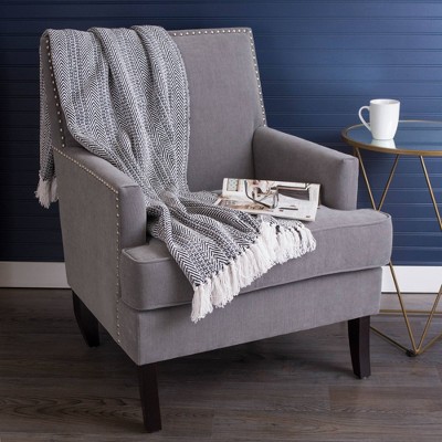 Chic Herringbone Stripe Cotton Throw with Sherpa Backing, 50"x60" - Black