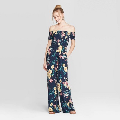 off the shoulder smocked jumpsuit