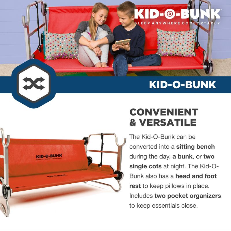Disc-O-Bed Youth Kid-O-Bunk 2 Person Bench Bunked Double Bunk Bed Cots with 2 Side Organizers and Carry Bags for Outdoor Camping Trips, Red, 3 of 7