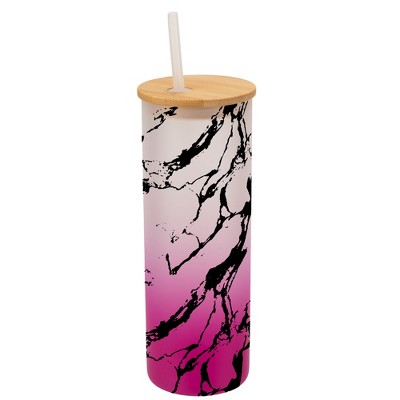 Elanze Designs Marble Abstract Texture Wrap-Around Design 25 Ounce Frosted Gradient Glass On-The-Go Coffee Travel Skinny Tumbler Mug Cup, Bamboo Lid