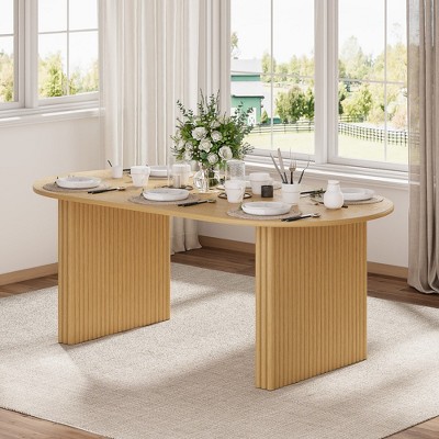 SpassWay 30"H Modern Wood Dining Table Kitchen Table Conference Table Gaming Table with Double Pedestal Black/Natural Wood
