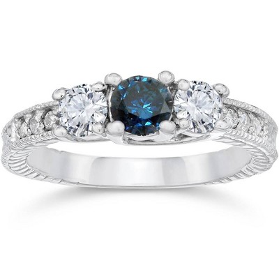 Pompeii3 1ct Vintage Blue Diamond 3-Stone Engagement Ring 14K White Gold