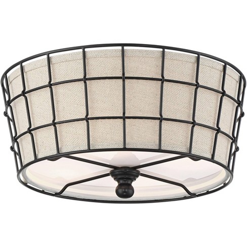 360 Lighting Rustic Farmhouse Ceiling Light Flush Mount Fixture Black Cage 16 Wide Burlap Shade For Bedroom Kitchen Hallway Target