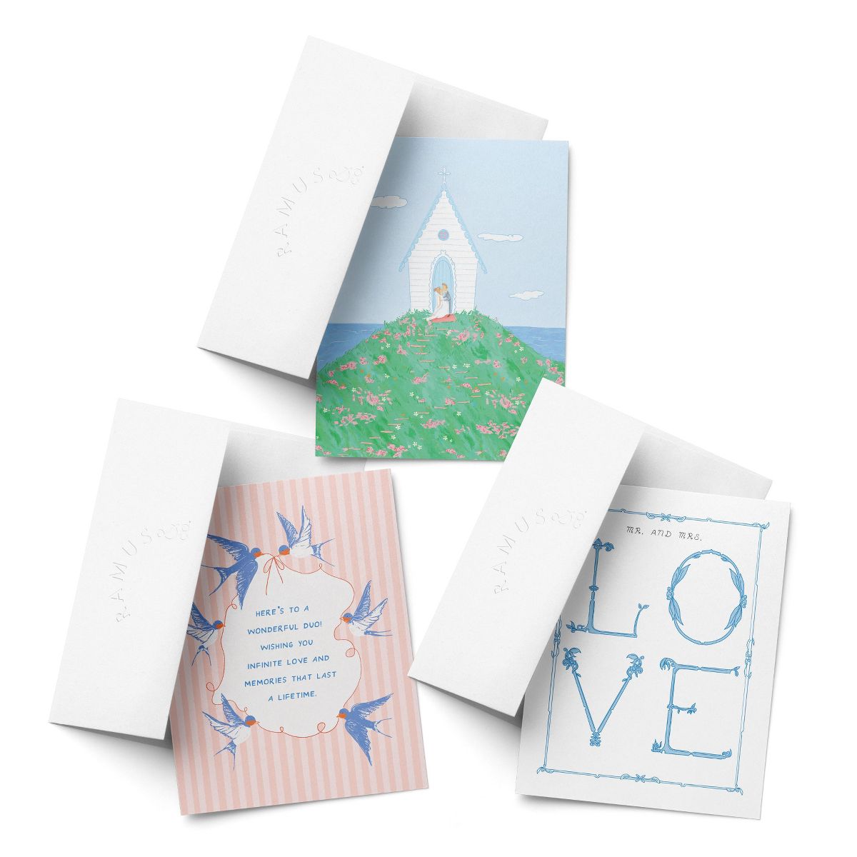 Wedding Greeting Card Pack Sets (3 ct, Assorted) Chapel Couple, Swallows Wedding, LOVE by Ramus & Co