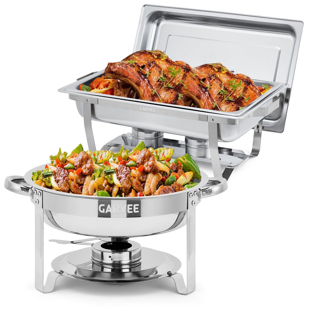 Chafing Dish Buffet Set, 8 Qt Rectangle & 5 Qt Round Stainless Steel Chafers and Food Warmer Sets with Lid, Food & Water Pan and Fuel Holder