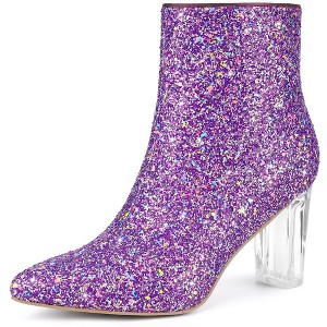 Allegra K Women's Zip Closure Pointed Toe Clear Block Heel Halloween Glitter Ankle Boots - 1 of 4