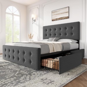 Bed Frame with 4 Storage Drawers and Linen Upholstered Headboard, Wooden Slats Support, Button Tufted Design, No Box Spring Needed - 1 of 4