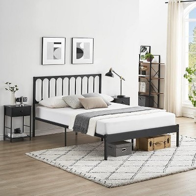 Homhougo Full Size Bed Frame Metal Platform Mattress Foundation with Headboard Heavy Duty Steel Slat Support No Box Spring Needed Easy Assembly White