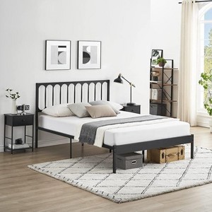 Homhougo Full Size Bed Frame Metal Platform Mattress Foundation with Headboard Heavy Duty Steel Slat Support No Box Spring Needed Easy Assembly White - 1 of 4