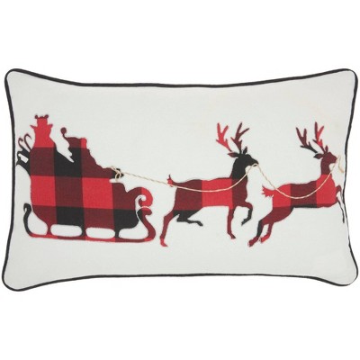 14"x20" Oversize Plaid Santa and Deer Christmas Lumbar Throw Pillow White - Mina Victory