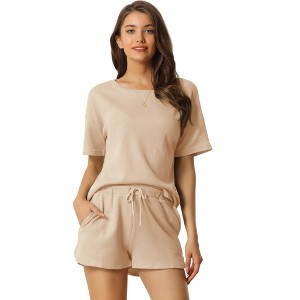 cheibear Women's Casual Pullover Short Sleeve Sleepshirt with Shorts Waffle Pajama Sets - 1 of 4