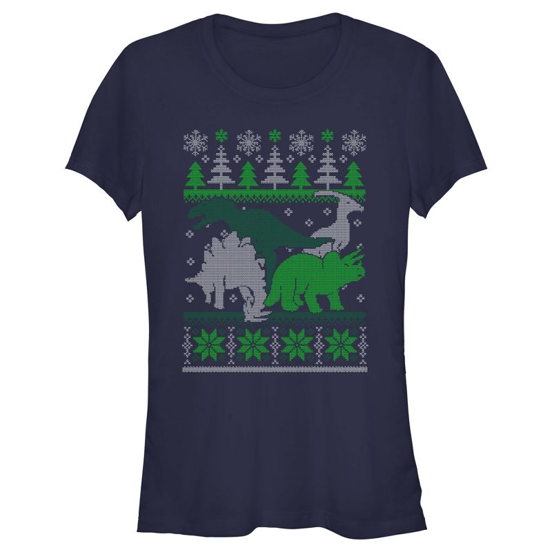 Juniors Womens Lost Gods Dinosaur Ugly Christmas Sweater T-Shirt, 1 of 5