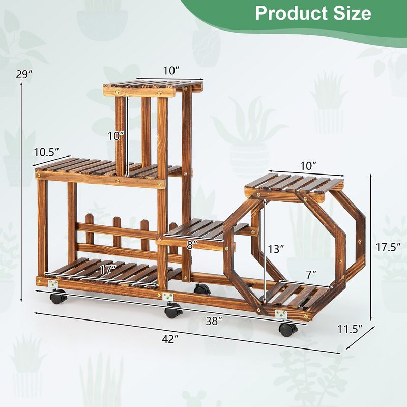 Costway 6-tier 8 Potted Rolling Plant Stand Wooden Storage Display Shelf Rack with Wheels, 4 of 9