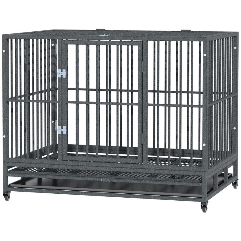 PawHut Heavy Duty Dog Crate Dog cage Kennel with Lockable Wheels, Double Door and Removable Tray, Grey, 5 of 11