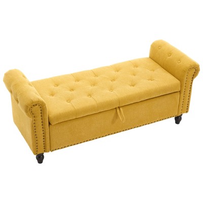 Vynxaria Upholstered Storage Ottoman Bench - 55.12"Yellow Button Tufted with Rivet Accents