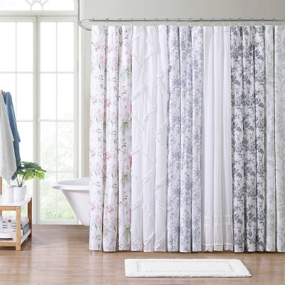 Nora Blue Floral Cotton Shower Curtain with Liner