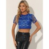 Allegra K Women's Christmas Sequin Shiny Glitter Crop Sheer Short Sleeves Tassel T-Shirt - 3 of 4