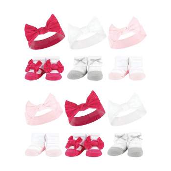 Hudson Baby Infant Girl 12Pc Headband and Socks Giftset, Pink White, One Size