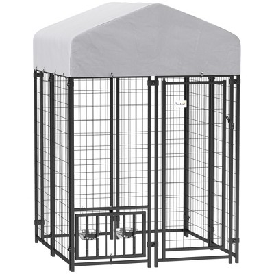 PawHut Outdoor Dog Kennel, Welded Wire Dog Run with 360° Rotating & 4 Levels Adjustable Bowls, Waterproof & UV Resistant Cover, 3.9' x 3.9' x 6'