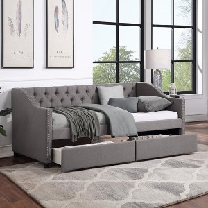 Twin Size Nailhead Upholstered Daybed with 2 Drawers, Gray 4A - ModernLuxe - 1 of 4