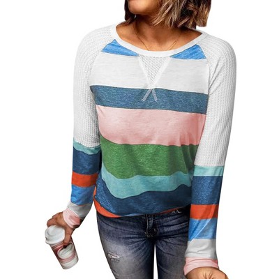 Nlife Women Crew Neck Raglan Long Sleeve Colorblock Stripe Waffle ...