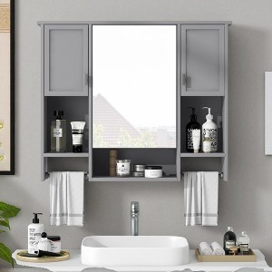 35'' x 28'' Modern Wall Mounted Bathroom Medicine Cabinet with Mirror, Bathroom Wall Cabinet with 3 Doors, Adjustable Shelves & Towel Bar - 1 of 4