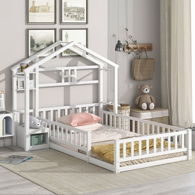 CAVINAS Twin Size Wood Montessori Bed with House Shape Headboard,Modern Floor Bed with Nightstand and Guardrails,Toddler Bed for Bedroom