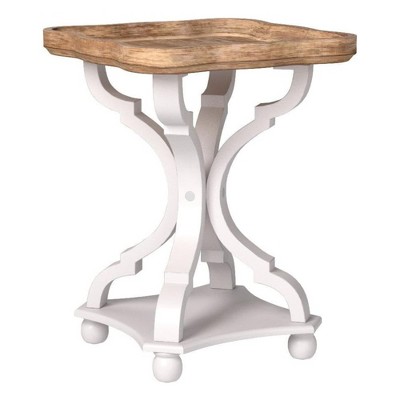 COZAYH Round Rustic Accent End Table with Handcrafted Tray Top Wood Nightstand for Small Spaces Living Room or Bedroom, White