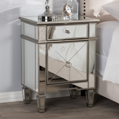 Claudia Silver Mirrored 1-Drawer Nightstand with Crosshatch Detail