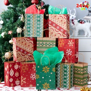 Joyfy 24 Pcs Christmas Kraft Gift Bags, Reusable Xmas Goody Wrap Craft Bags with Handles for Presents Wrapping Gifts Decorations Party Favor - 1 of 4