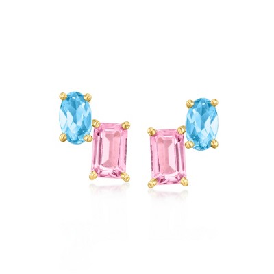 RS Pure by Ross-Simons 0.60 ct. t.w. Pink Topaz and .50 ct. t.w. Swiss Blue Topaz Toi Et Moi Earrings in 14kt Yellow Gold