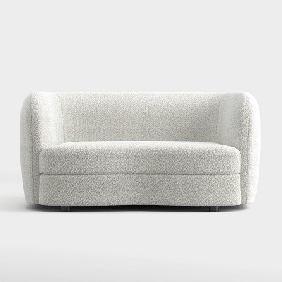 Off-White Boucle Fabric Curved Loveseat with Wooden Legs