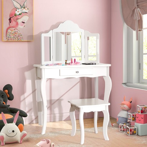 Kids Vanity Set Table and Stool with Drawer Dressing Mirror Pink Girls Gifts