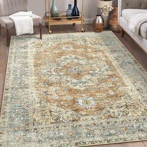 Vintage Medallion Carpet, Washable Rug Stain Resistant Throw Carpet, Non Shedding Low Pile Folding Floor Cover with Non-Slip Backing for Living Room - 1 of 4